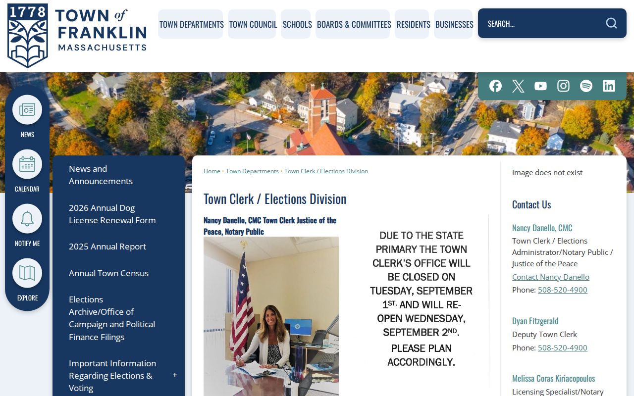 Franklin residents directory Town Clerk and Elections page