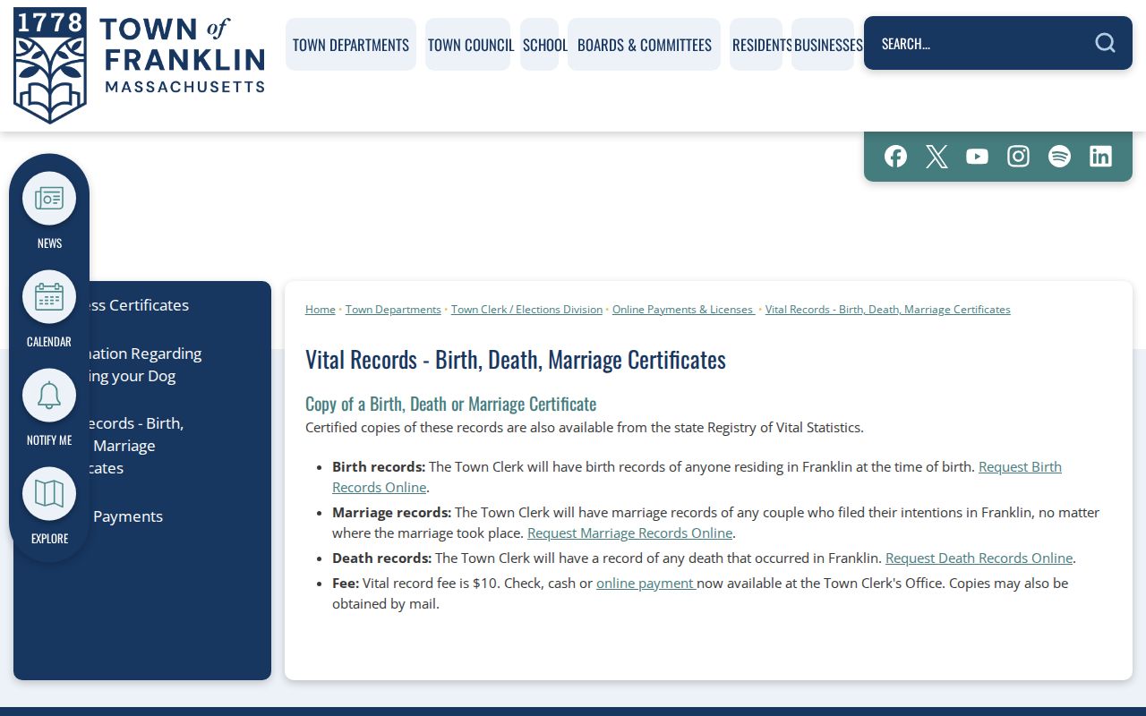 Franklin resident lookup reference for Town Clerk vital-record requests