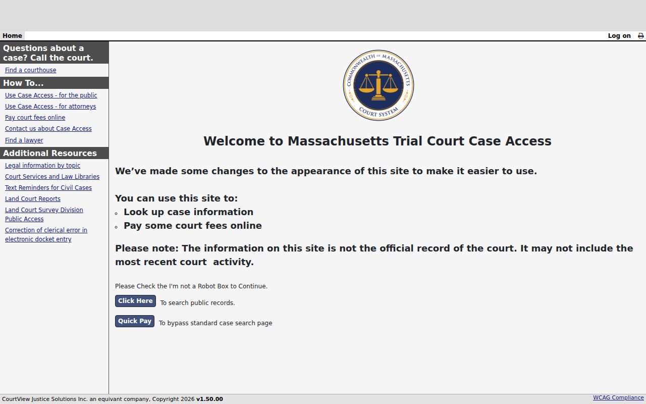 Franklin resident lookup view of Massachusetts Trial Court Case Access warning