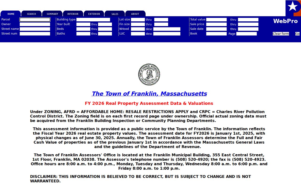 Franklin ZIP code directory Patriot Properties parcel-search route
